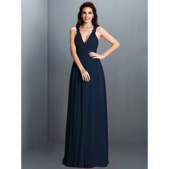 V-Neck Elegant Pleats Sleeveless Long Chiffon Bridesmaid Dresses