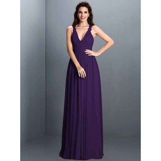V-Neck Elegant Pleats Sleeveless Long Chiffon Bridesmaid Dresses
