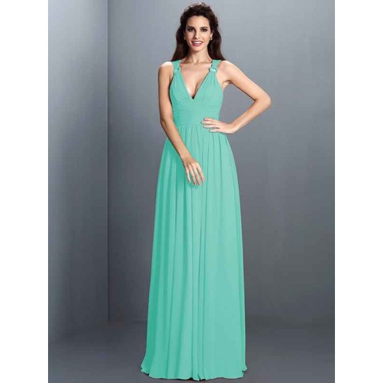 V-Neck Elegant Pleats Sleeveless Long Chiffon Bridesmaid Dresses