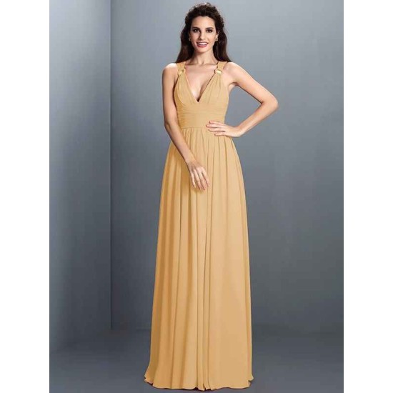 V-Neck Elegant Pleats Sleeveless Long Chiffon Bridesmaid Dresses