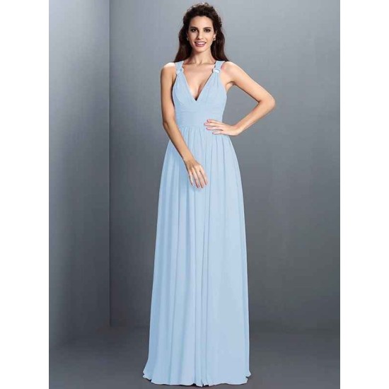 V-Neck Elegant Pleats Sleeveless Long Chiffon Bridesmaid Dresses