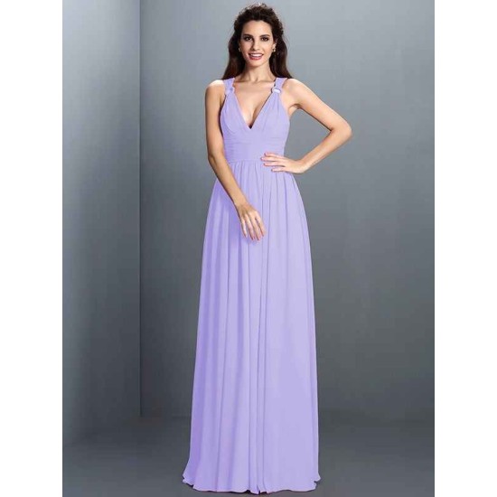V-Neck Elegant Pleats Sleeveless Long Chiffon Bridesmaid Dresses