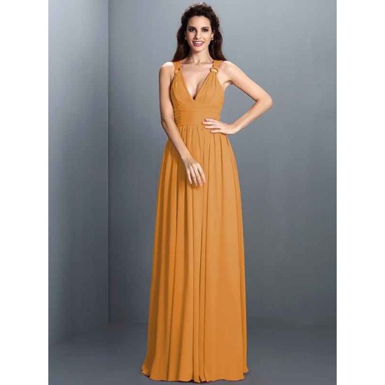 V-Neck Elegant Pleats Sleeveless Long Chiffon Bridesmaid Dresses