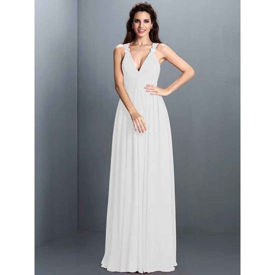 V-Neck Elegant Pleats Sleeveless Long Chiffon Bridesmaid Dresses
