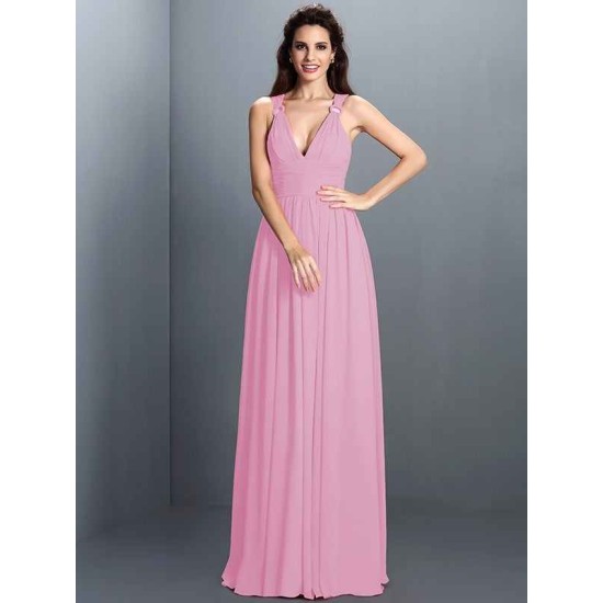 V-Neck Elegant Pleats Sleeveless Long Chiffon Bridesmaid Dresses