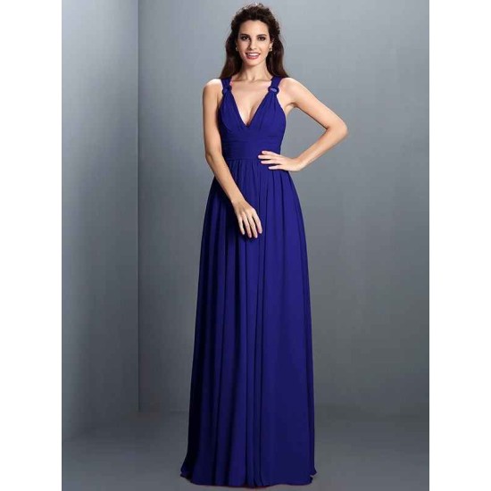 V-Neck Elegant Pleats Sleeveless Long Chiffon Bridesmaid Dresses