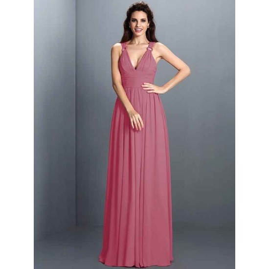 V-Neck Elegant Pleats Sleeveless Long Chiffon Bridesmaid Dresses