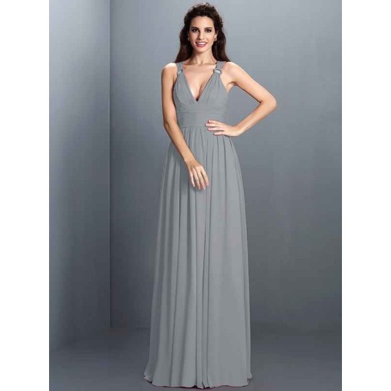 V-Neck Elegant Pleats Sleeveless Long Chiffon Bridesmaid Dresses