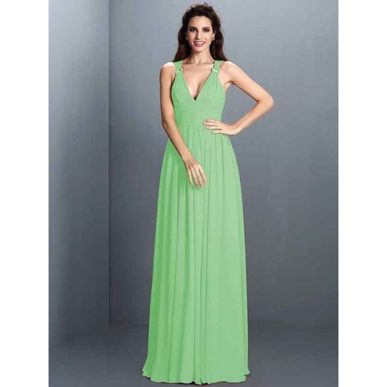 V-Neck Elegant Pleats Sleeveless Long Chiffon Bridesmaid Dresses