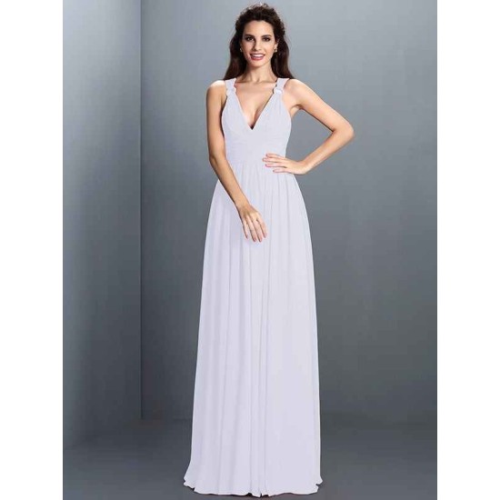 V-Neck Elegant Pleats Sleeveless Long Chiffon Bridesmaid Dresses