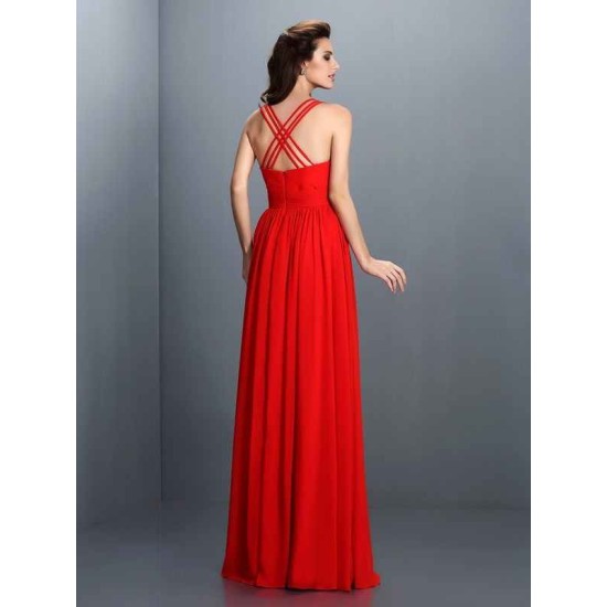 V-Neck Elegant Pleats Sleeveless Long Chiffon Bridesmaid Dresses