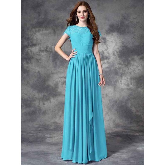 Modern Bateau Lace Sleeveless Long Chiffon Bridesmaid Dresses