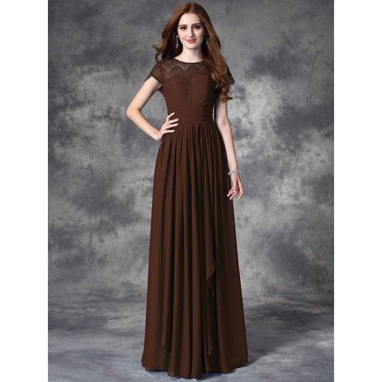 Modern Bateau Lace Sleeveless Long Chiffon Bridesmaid Dresses