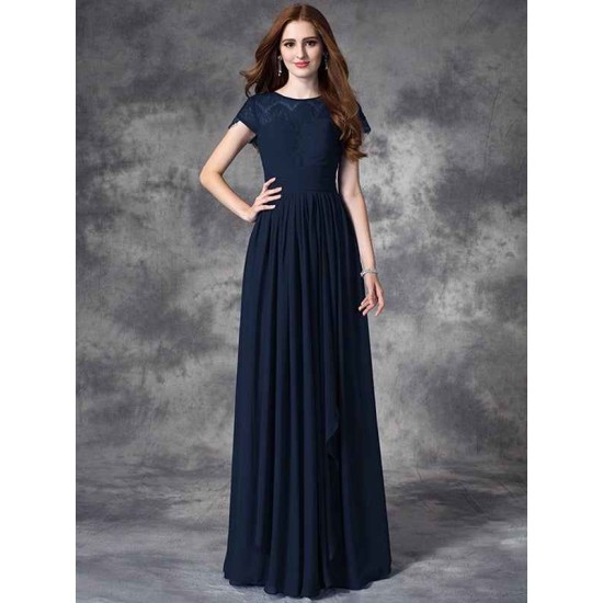 Modern Bateau Lace Sleeveless Long Chiffon Bridesmaid Dresses
