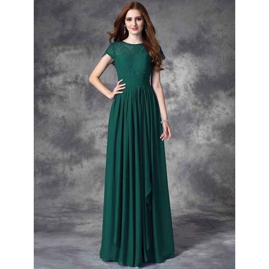 Modern Bateau Lace Sleeveless Long Chiffon Bridesmaid Dresses