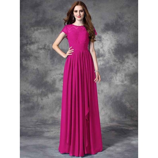 Modern Bateau Lace Sleeveless Long Chiffon Bridesmaid Dresses