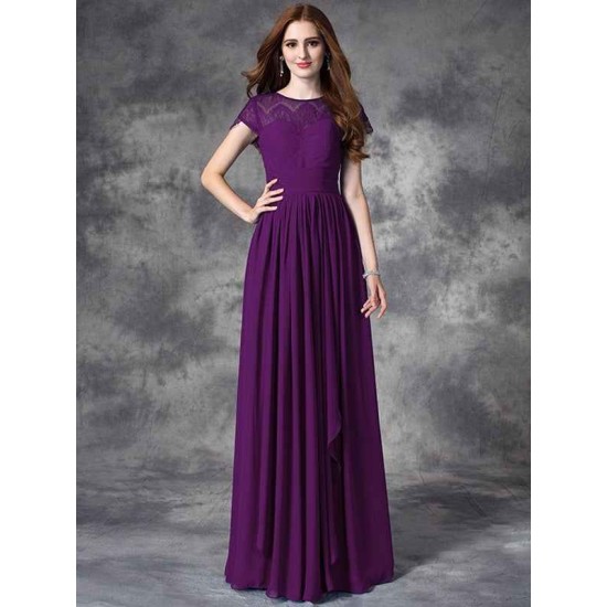 Modern Bateau Lace Sleeveless Long Chiffon Bridesmaid Dresses