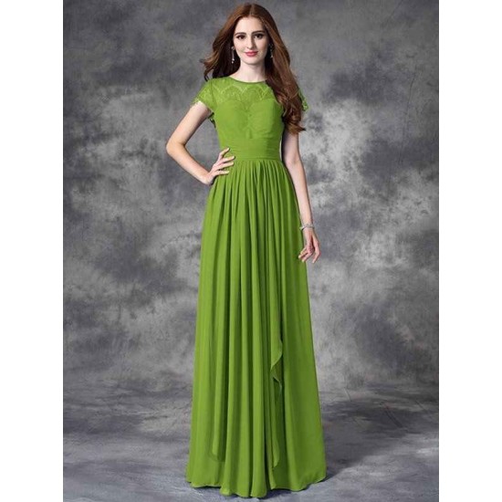 Modern Bateau Lace Sleeveless Long Chiffon Bridesmaid Dresses