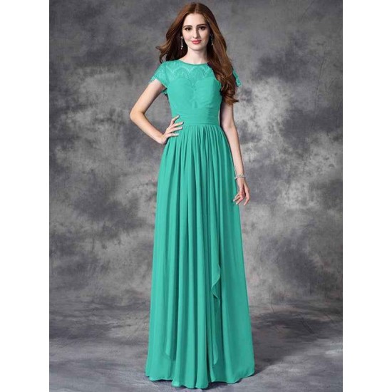 Modern Bateau Lace Sleeveless Long Chiffon Bridesmaid Dresses