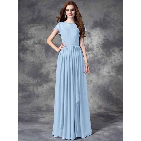 Modern Bateau Lace Sleeveless Long Chiffon Bridesmaid Dresses