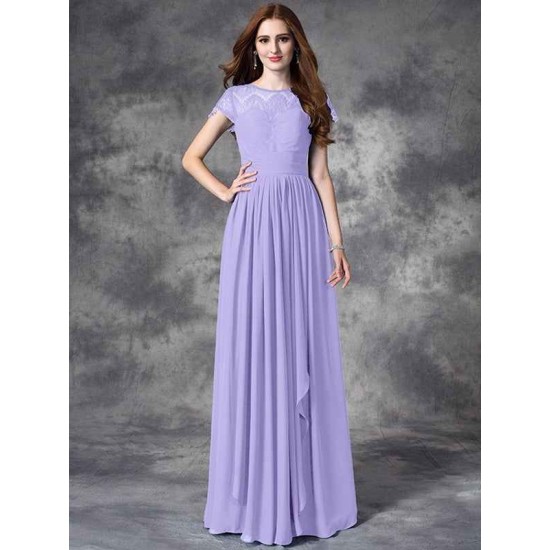 Modern Bateau Lace Sleeveless Long Chiffon Bridesmaid Dresses