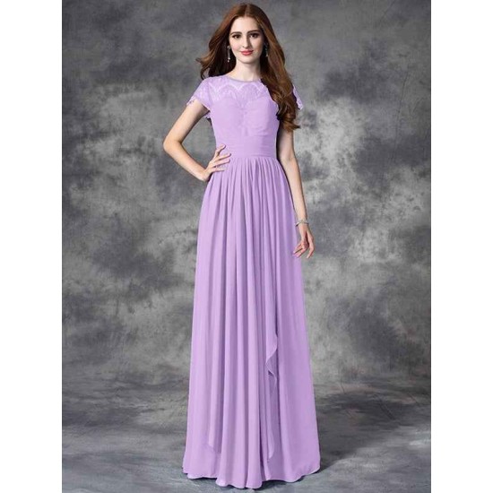 Modern Bateau Lace Sleeveless Long Chiffon Bridesmaid Dresses