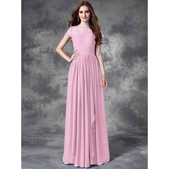 Modern Bateau Lace Sleeveless Long Chiffon Bridesmaid Dresses