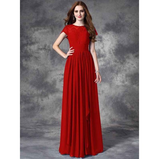 Modern Bateau Lace Sleeveless Long Chiffon Bridesmaid Dresses