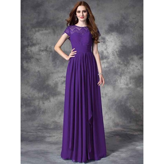 Modern Bateau Lace Sleeveless Long Chiffon Bridesmaid Dresses