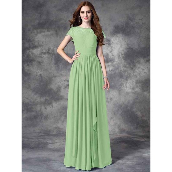 Modern Bateau Lace Sleeveless Long Chiffon Bridesmaid Dresses