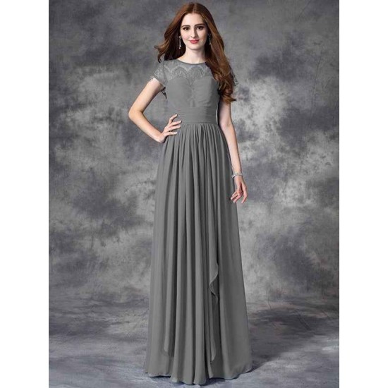 Modern Bateau Lace Sleeveless Long Chiffon Bridesmaid Dresses