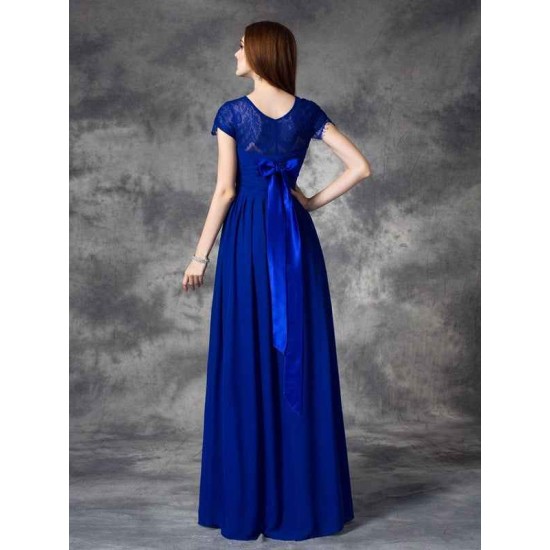 Modern Bateau Lace Sleeveless Long Chiffon Bridesmaid Dresses