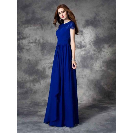 Modern Bateau Lace Sleeveless Long Chiffon Bridesmaid Dresses