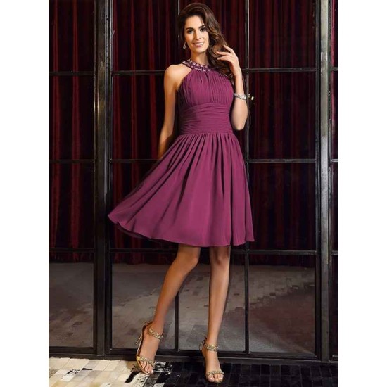 Charming High Neck Pleats Sleeveless Short Chiffon Bridesmaid Dresses