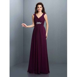 V-Neck Elegant Beading Pleats Sleeveless Long Chiffon Bridesmaid Dresses