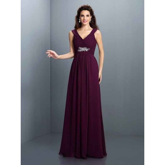 V-Neck Elegant Beading Pleats Sleeveless Long Chiffon Bridesmaid Dresses