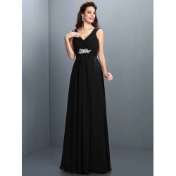 V-Neck Elegant Beading Pleats Sleeveless Long Chiffon Bridesmaid Dresses