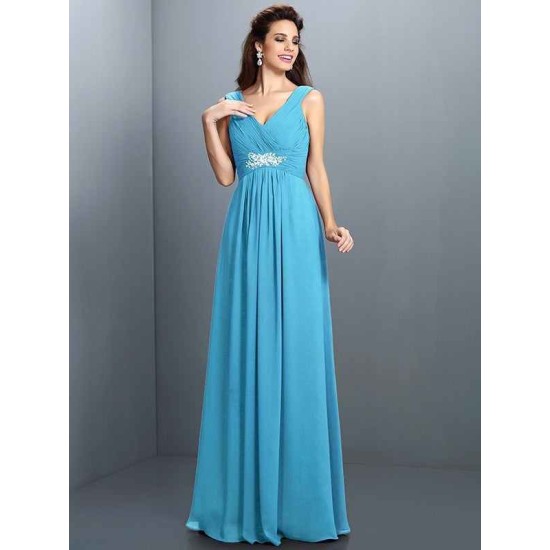 V-Neck Elegant Beading Pleats Sleeveless Long Chiffon Bridesmaid Dresses