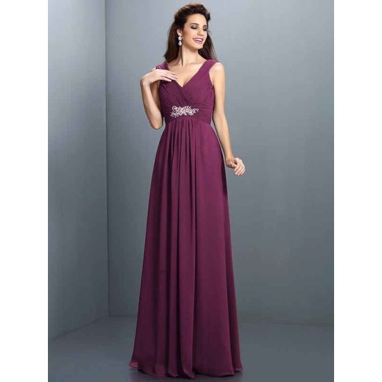 V-Neck Elegant Beading Pleats Sleeveless Long Chiffon Bridesmaid Dresses