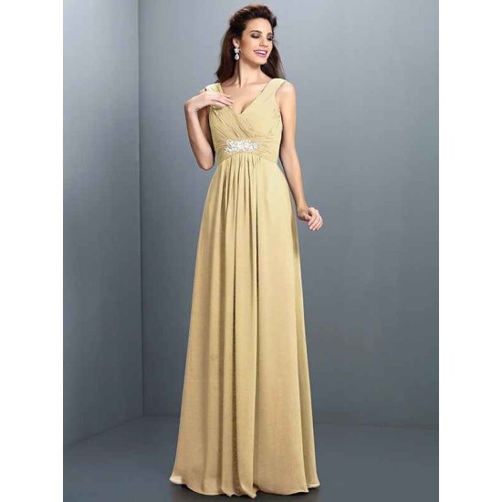 V-Neck Elegant Beading Pleats Sleeveless Long Chiffon Bridesmaid Dresses