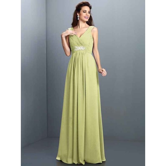 V-Neck Elegant Beading Pleats Sleeveless Long Chiffon Bridesmaid Dresses