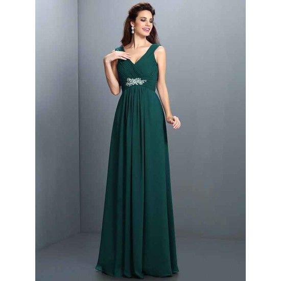 V-Neck Elegant Beading Pleats Sleeveless Long Chiffon Bridesmaid Dresses