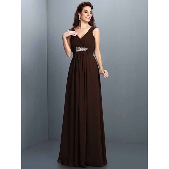 V-Neck Elegant Beading Pleats Sleeveless Long Chiffon Bridesmaid Dresses