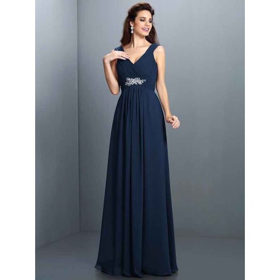 V-Neck Elegant Beading Pleats Sleeveless Long Chiffon Bridesmaid Dresses