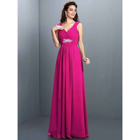 V-Neck Elegant Beading Pleats Sleeveless Long Chiffon Bridesmaid Dresses