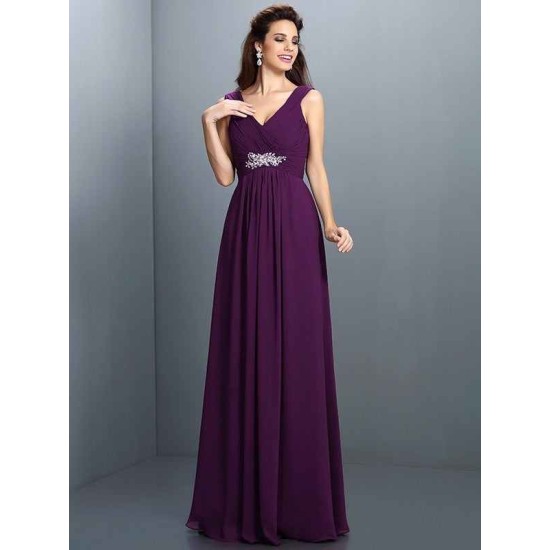 V-Neck Elegant Beading Pleats Sleeveless Long Chiffon Bridesmaid Dresses