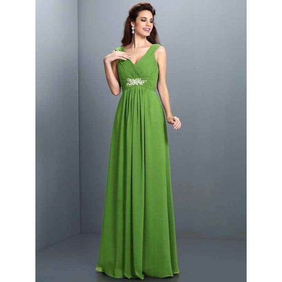 V-Neck Elegant Beading Pleats Sleeveless Long Chiffon Bridesmaid Dresses
