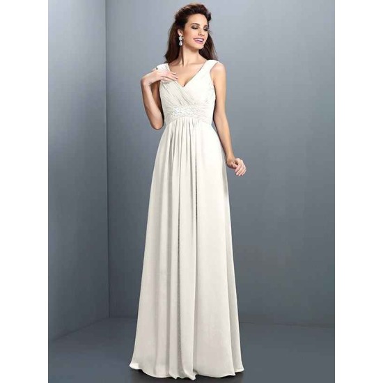 V-Neck Elegant Beading Pleats Sleeveless Long Chiffon Bridesmaid Dresses