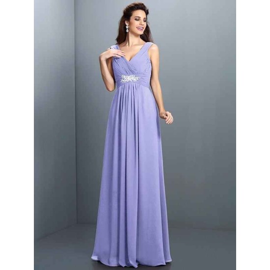 V-Neck Elegant Beading Pleats Sleeveless Long Chiffon Bridesmaid Dresses
