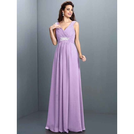 V-Neck Elegant Beading Pleats Sleeveless Long Chiffon Bridesmaid Dresses
